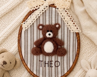 Personalized Teddy Bear Nursery Decor, Needle Felted Hoop Art, Baby Shower Gift