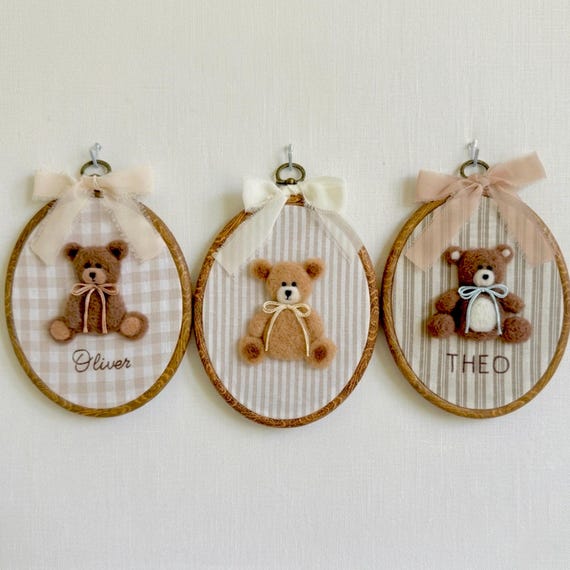 Custom Teddy Bear Nursery Hoop | Personalized Name Sign | Needle Felted Baby Room Wall Decor