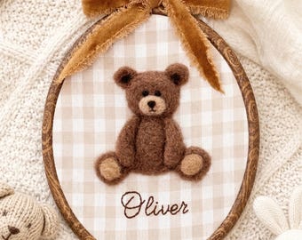 Personalized Teddy Bear Nursery Decor, Needle Felted Hoop Art, Baby Shower Gift