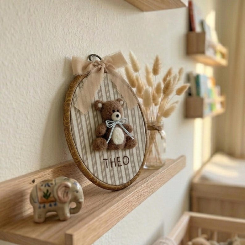 Custom teddy bear nursery hoop with baby name Theo