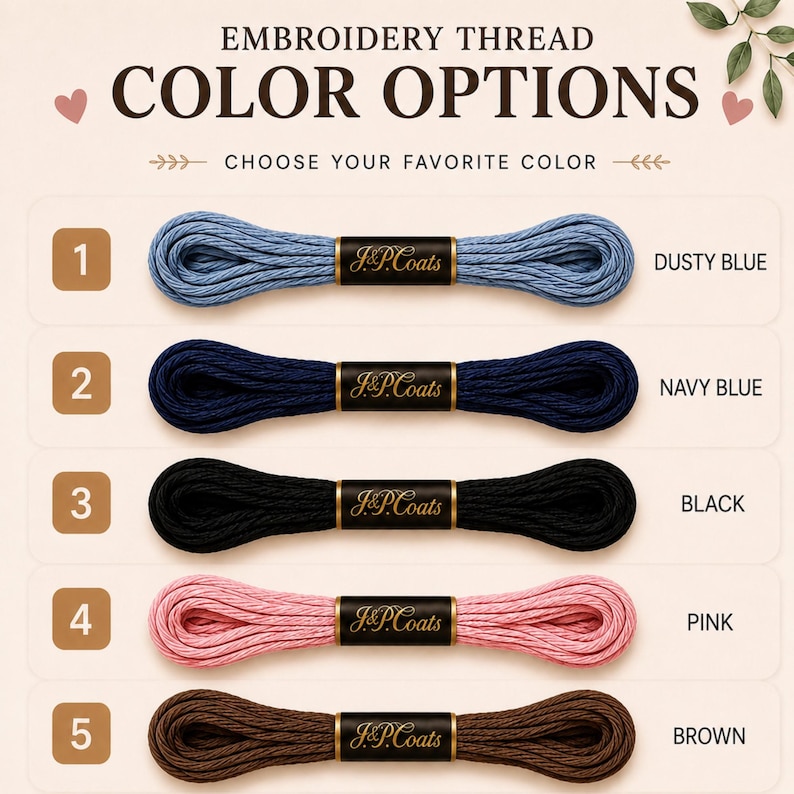Embroidery thread color options for personalized baby name stitching.