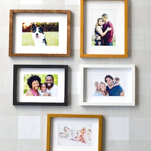 May include: A collection of five framed photographs. The frames are in various colors: brown, gold, black, and white. The photos feature a dog, a couple, a family with a child, a family with two children, and a baby.