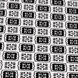 Könnte beinhalten: Schwarz-weißes geometrisches Muster mit sich wiederholenden floralen Motiven. Das Muster ist symmetrisch und erzeugt ein optisch ansprechendes Design.