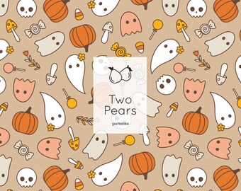 Retro Ghosts Seamless Pattern, Taupe Brown Halloween Digital JPG
