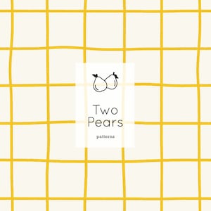 Puede incluir: Un patrón sin costuras con una cuadrícula de líneas amarillas sobre un fondo blanco. El patrón se repite en toda la imagen. El texto "Two Pears patterns" está en el centro de la imagen.