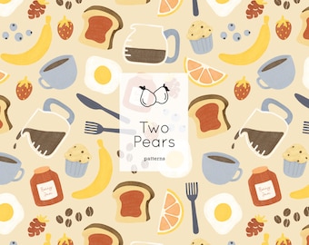 Petit déjeuner Seamless Pattern, Brunch Eggs Coffee Toast Jelly Digital Art