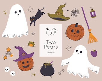 Pumpkin Witches Clip Art, Halloween Ghosts Digital PNGs
