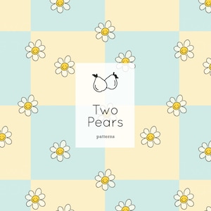May include: A seamless pattern featuring yellow daisies with smiley faces on a light blue and yellow checkered background. The text "Two Pears patterns" is in the center of the image.