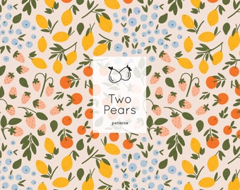 Art numérique Fruits rétro, motif transparent, fraises, oranges, citrons, bleuets