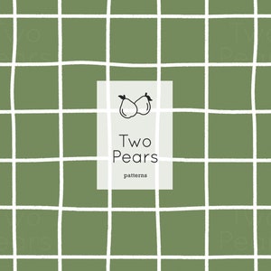 May include: A green and white grid pattern with a logo in the centre that says "Two Pears patterns". The logo features a simple line drawing of two pears.