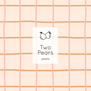 Puede incluir: Un patrón sin costuras con una cuadrícula rosa claro y naranja. El patrón se repite en toda la imagen. El texto "Two Pears patterns" está centrado en la imagen.