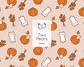 Joli modèle sans couture d'Halloween avec des chats fantômes, impression automne rose (JPG numérique)