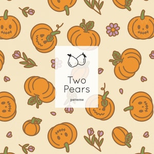 May include: A seamless pattern featuring orange pumpkins with jack-o'-lantern faces, green leaves, and purple flowers on a light yellow background. The text "Two Pears patterns" is in the centre of the image.