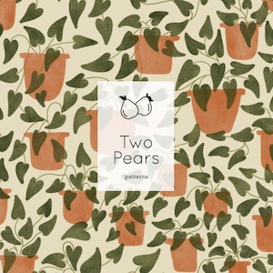 May include: A seamless pattern featuring a repeating design of potted plants with heart-shaped leaves. The plants are in terracotta pots and have a green and brown color scheme. The background is a light beige color. The text "Two Pears patterns" is in the center of the image.