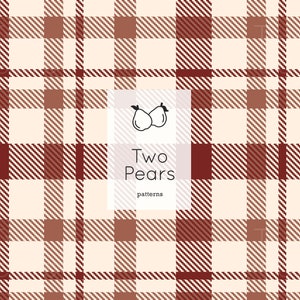 Puede incluir: Un patrón sin costuras con un diseño de cuadros rojos y marrones sobre un fondo crema. El patrón se repite en toda la imagen. El texto "Two Pears patterns" está centrado en la imagen.