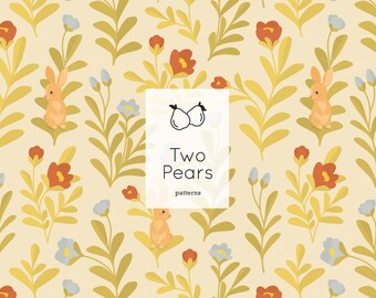 Woodland Floral Seamless Pattern, Bunny Rabbit Forest Automne Art numérique