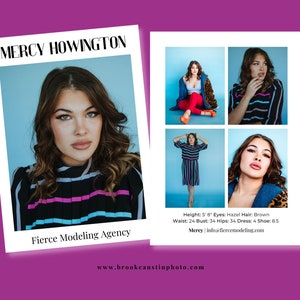May include: A model poses for a photo shoot. She is wearing a striped shirt and has brown hair. The photo is for a modeling agency called Fierce Modeling Agency. The text "Mercy Howington" and "www.brookeaustinphoto.com" are also included in the image.