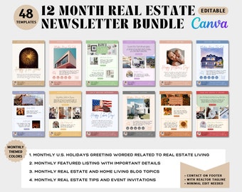 12 Months Real Estate Newsletter Bundle | 48 Real Estate Template | Agent Email Marketing | Realtor Farming Set | Realtor Canva Editable