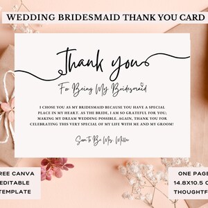 Bridesmaid Thank You Card Editable Bridesmaid Gift Box Inserts Thank ...