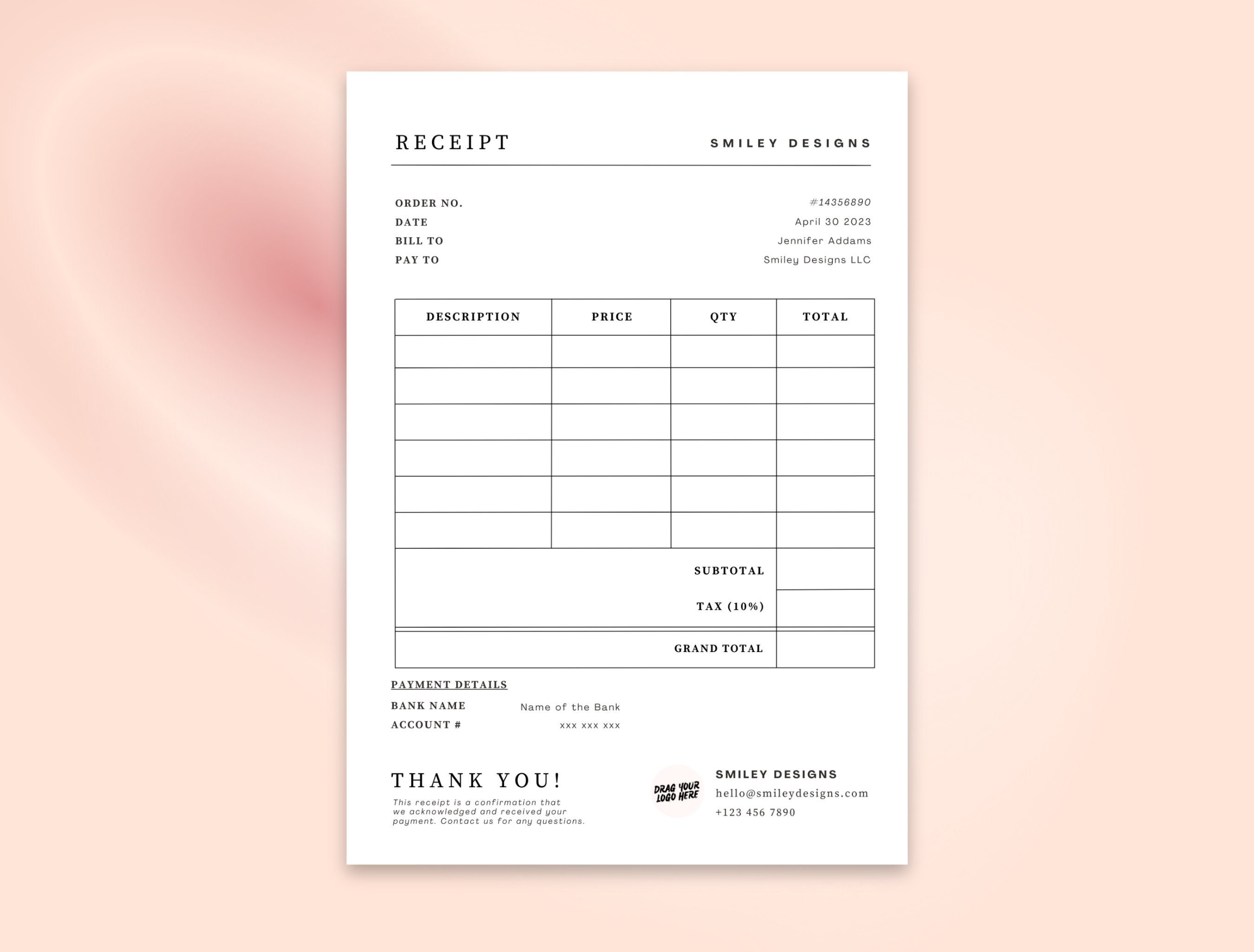 Fillable Receipt Template | Printable Billing Order PDF | Business ...