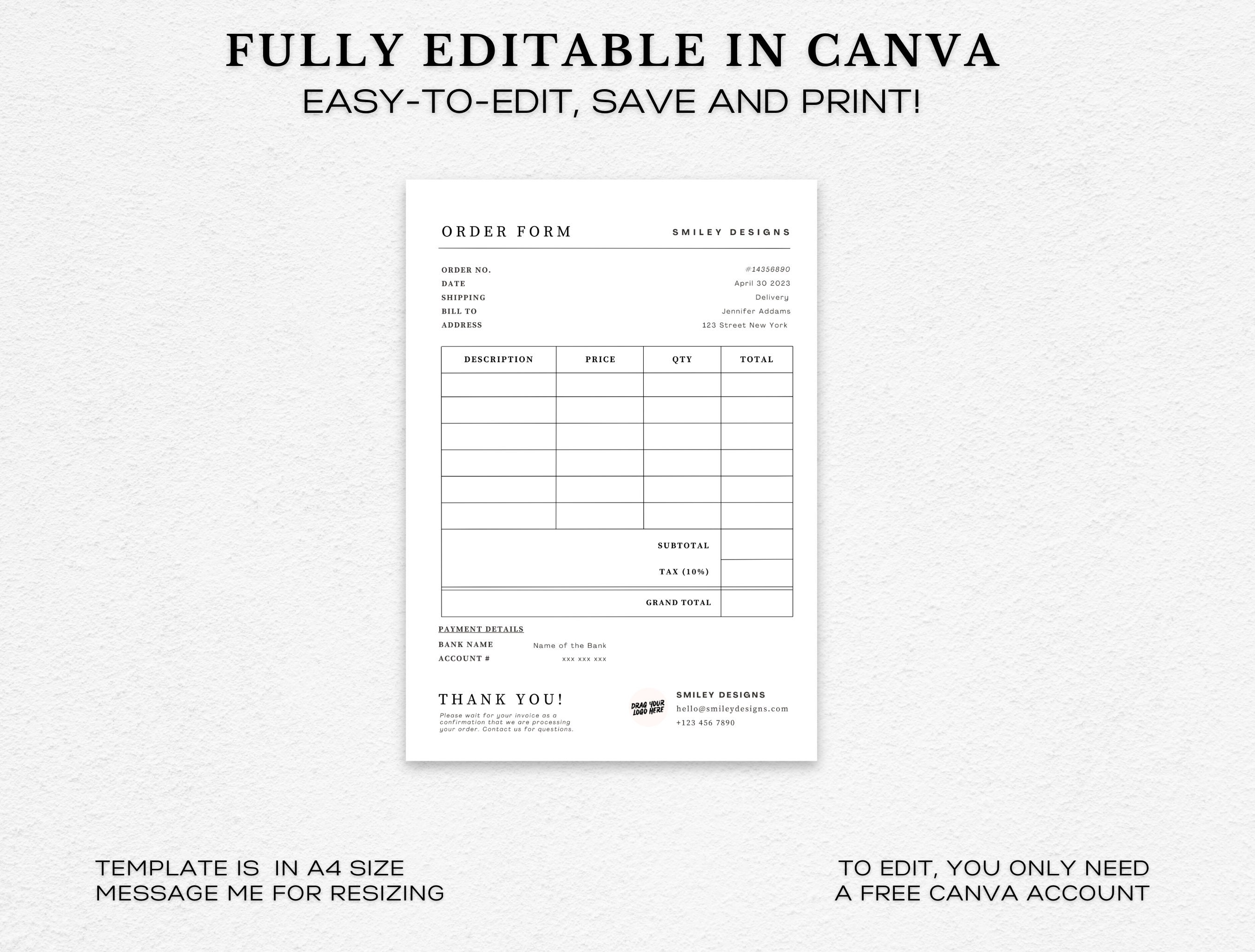 Order Form Template | Editable Small Business Printable Purchase Forms ...