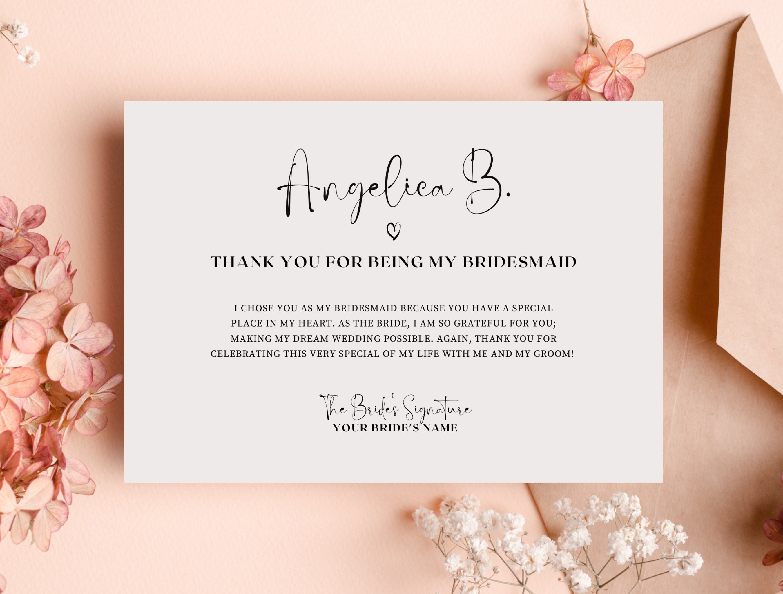Bridesmaid Thank You Card Editable Bridesmaid Gift Box Inserts Thank ...