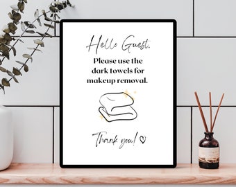 Airbnb Sign Makeup Removal Towel Template | Airbnb Bathroom Sign for Wall Printable, Editable, Fillable Canva Template | Airbnb Signage