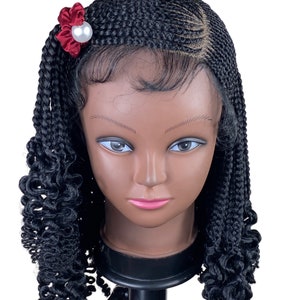 Conrow box braid Lace Front wig for girls, Kanekalon braids curly ends Alopecia  wig for kids ages 5 to 12 years. Children Synthetic wigs