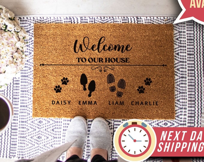 Custom Family & Pet Name Welcome Mat, Family Name Doormat, Closing Gift, Personalized Welcome Doormat, Housewarming Gift, Wedding Gift