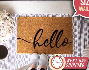 Doormat Hello Cursive Script Door Mat, Housewarming Gift, Welcome Mat, Home Doormat, Custom Doormat, Front Porch Decor, Welcome Mat Door Mat