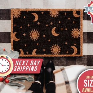 Felpudo con diseño de sol y luna, felpudo de bienvenida, felpudo con estrellas y galaxia naranja, felpudo de bienvenida, regalo para el nuevo hogar, decoración de otoño, regalo de inauguración de la casa
