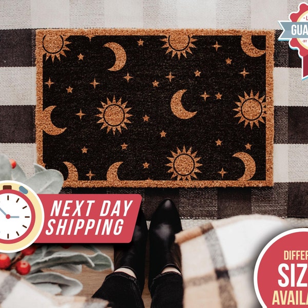 Doormat Sun and Moon Pattern, Welcome doormat, Stars Orange Galaxy Space Doormat, Welcome Mat, New Home Gift, Fall decor, Housewarming Gift
