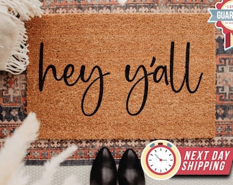Hey Y'all Doormat, Flocked Coir Welcome Mat, Funny Farmhouse Decor