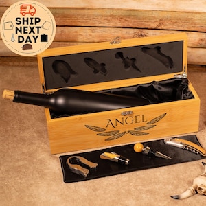 Custom Wooden Wine Box, Personalized Wine Box Gift Set, Wedding Wine Box, Engraved Wine Opener, Bamboo wine Set, Anniversary Gift, Xmas Gift