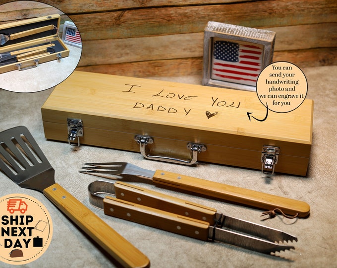 Personalized Grill Set, Custom BBQ Set, BBQ Tool Set, Handwriting Grill Gift,  Engraved Grill Tool, Father's Day Gift, Man Grill Gift Idea