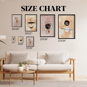 May include: A size chart showing framed abstract art prints in various sizes, including 40x51cm, 48x69cm, 61x91cm, 69x99cm, 13x18cm, 20x25cm, and 30x41cm. The art features geometric shapes and celestial designs in neutral tones. The text "SIZE CHART" is at the top.