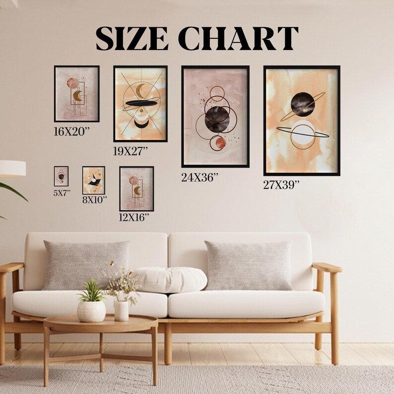 May include: A size chart showing framed abstract art prints in various sizes, including 40x51cm, 48x69cm, 61x91cm, 69x99cm, 13x18cm, 20x25cm, and 30x41cm. The art features geometric shapes and celestial designs in neutral tones. The text "SIZE CHART" is at the top.