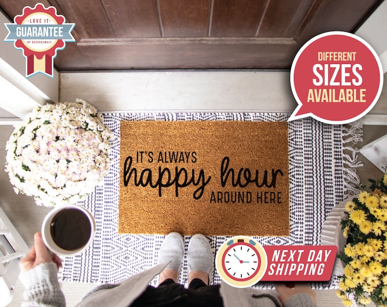Happy Hour Doormat, Funny Doormat, Happy Hour Door Mat, Funny Welcome Mat, Front Door Mat, Closing Gift, Custom Doormat, Wine, Gifts For Her