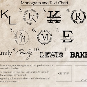 May include: A chart with 11 different monogram and text options for personalization. The options include initials, names, and a combination of both. The chart also includes instructions for entering monogram and text preferences, sending a custom logo or design, and information about engraving colors.