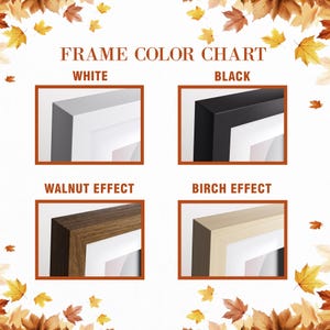 May include: A frame colour chart displaying four frame options: white, black, walnut effect, and birch effect. Each frame sample is shown in a corner view, highlighting the colour and texture. The text "FRAME COLOR CHART" is at the top.