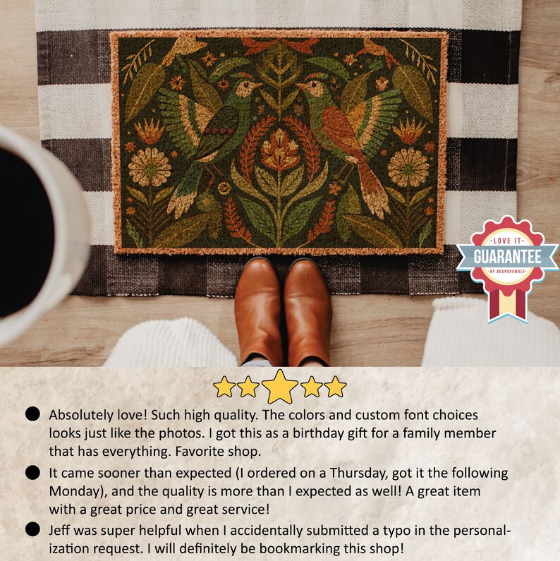 May include: A doormat featuring a colourful floral and bird design. The doormat is made of coir and has a natural brown colour. The text "LOVE IT - GUARANTEE" is visible in a red circle.