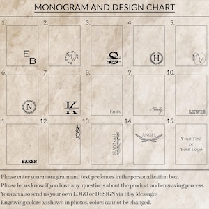 May include: A chart with 15 different monogram and design options for personalization. The chart is on a beige background with black text and images. The options include initials, names, and designs such as an angel wing and a flower.