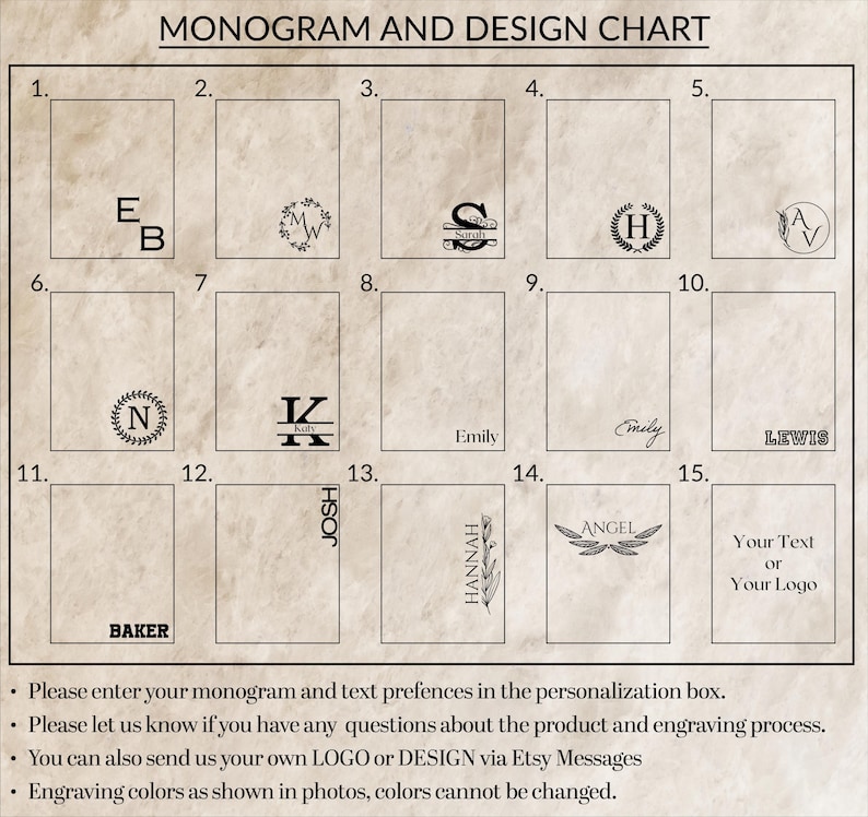 May include: A chart with 15 different monogram and design options for personalization. The chart is on a beige background with black text and images. The options include initials, names, and designs such as an angel wing and a flower.