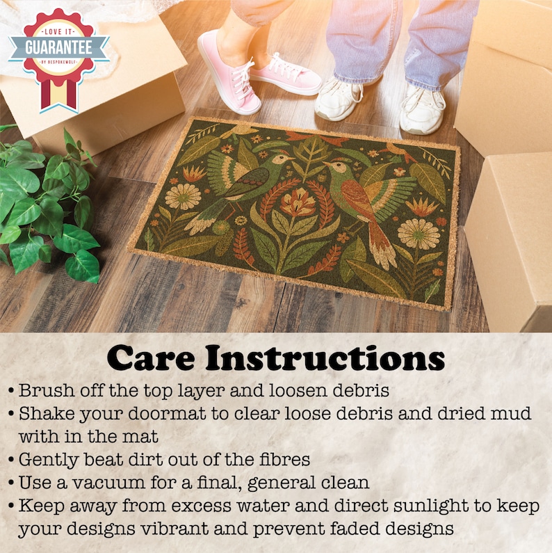 May include: Care instructions for a doormat with a floral and bird design. The doormat is made of natural fibres and features a green, brown, and orange colour scheme. The instructions recommend brushing off debris, shaking the mat, and using a vacuum cleaner for a final clean. The instructions also advise keeping the mat away from excess water and direct sunlight to prevent fading.