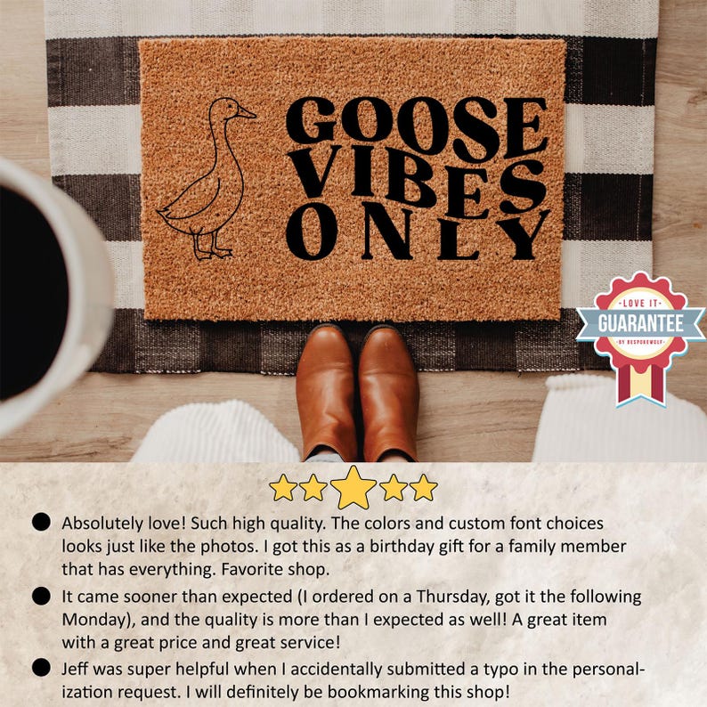 May include: A rectangular doormat with the text "GOOSE VIBES ONLY" in black. A line drawing of a goose is on the left. The mat is brown with a black and white striped border. Brown leather boots are in front of the mat.