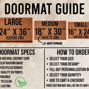 Op de afbeelding: Deurmatgids met drie maten: groot (60 cm x 90 cm), medium (45 cm x 75 cm) en klein (40 cm x 60 cm). De gids bevat ook informatie over de specificaties van de deurmat, zoals gemaakt van 100% natuurlijke kokosvezel en een antislip rug gemaakt van gerecycled rubber. Er wordt ook vermeld dat de deurmatten milieuvriendelijk en gemakkelijk te reinigen zijn.