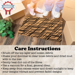 May include: Care instructions for a doormat with a geometric pattern. The doormat is made of natural coir fibers and has a black and brown color scheme. The instructions include brushing off debris, shaking the mat, beating dirt out of the fibers, vacuuming, and keeping the mat away from excess water and direct sunlight.
