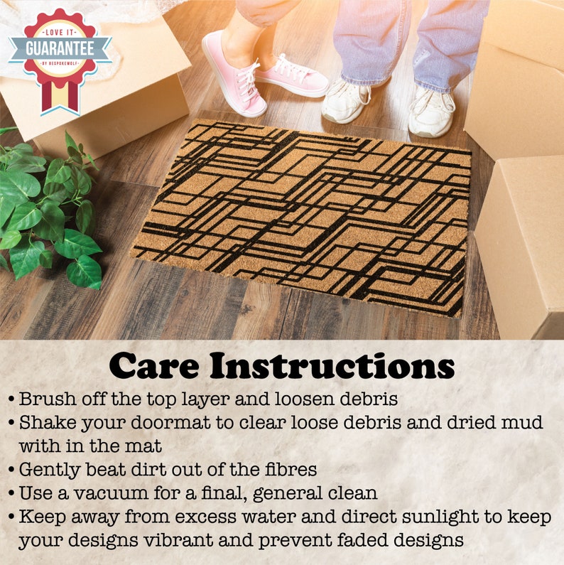 May include: Care instructions for a doormat with a geometric pattern. The doormat is made of natural coir fibers and has a black and brown color scheme. The instructions include brushing off debris, shaking the mat, beating dirt out of the fibers, vacuuming, and keeping the mat away from excess water and direct sunlight.