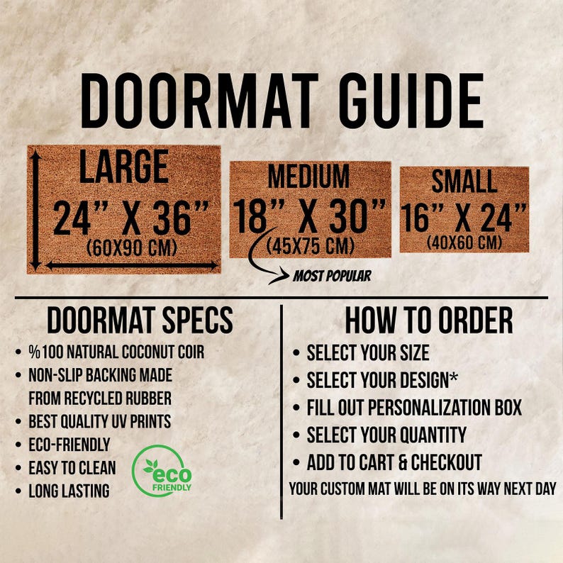 Op de afbeelding: Een deurmatgids met drie maten: groot (60x90 cm), medium (45x75 cm) en klein (40x60 cm). Bevat specificaties zoals natuurlijk kokosvezel en milieuvriendelijke materialen, plus instructies voor het bestellen.