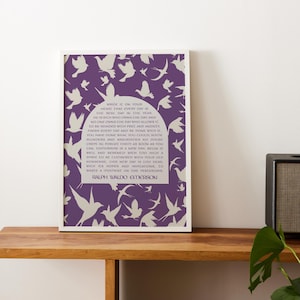 May include: A framed print with a purple background and white bird silhouettes. The print features a quote by Ralph Waldo Emerson in a white rectangular box. The quote is surrounded by flying birds.